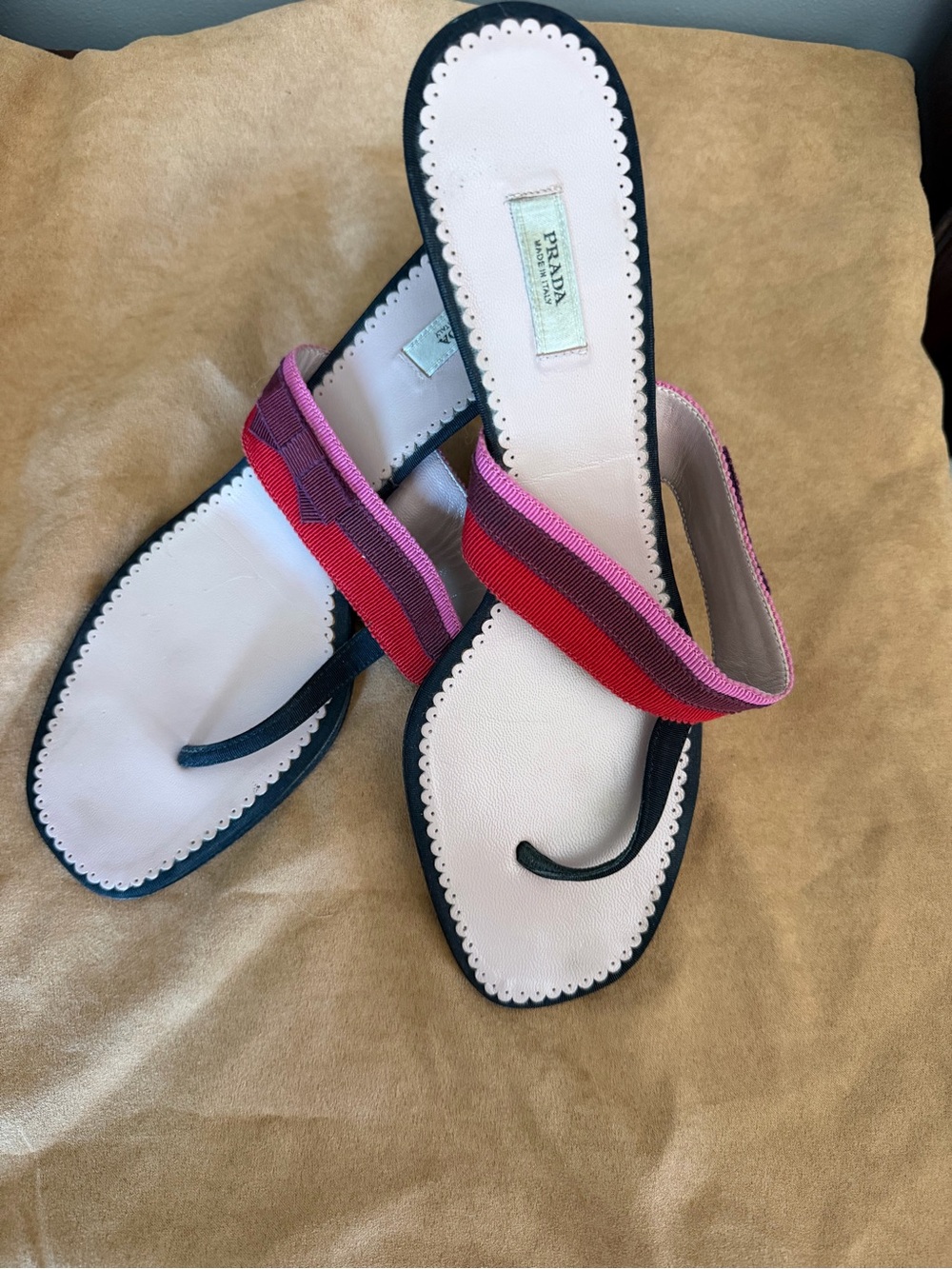 Prada Pink and Red Ribbon Toe-Loop Slide Sandals